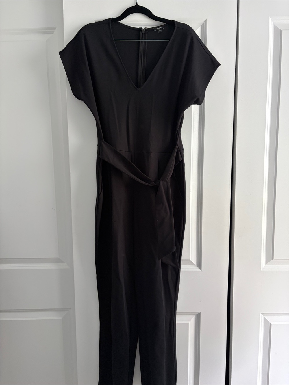 Express Black V-Neck Jumpsuit with Waist Tie Detail
